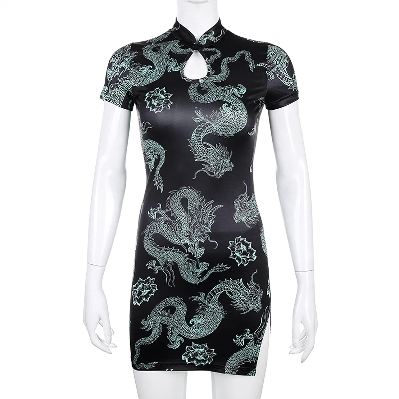 

2021 Ins Vintage Cheongsam Dress Chinese Fashion Short Sleeve Animal Print Dress Hollow Out Stand Collar Mini Dress for Women