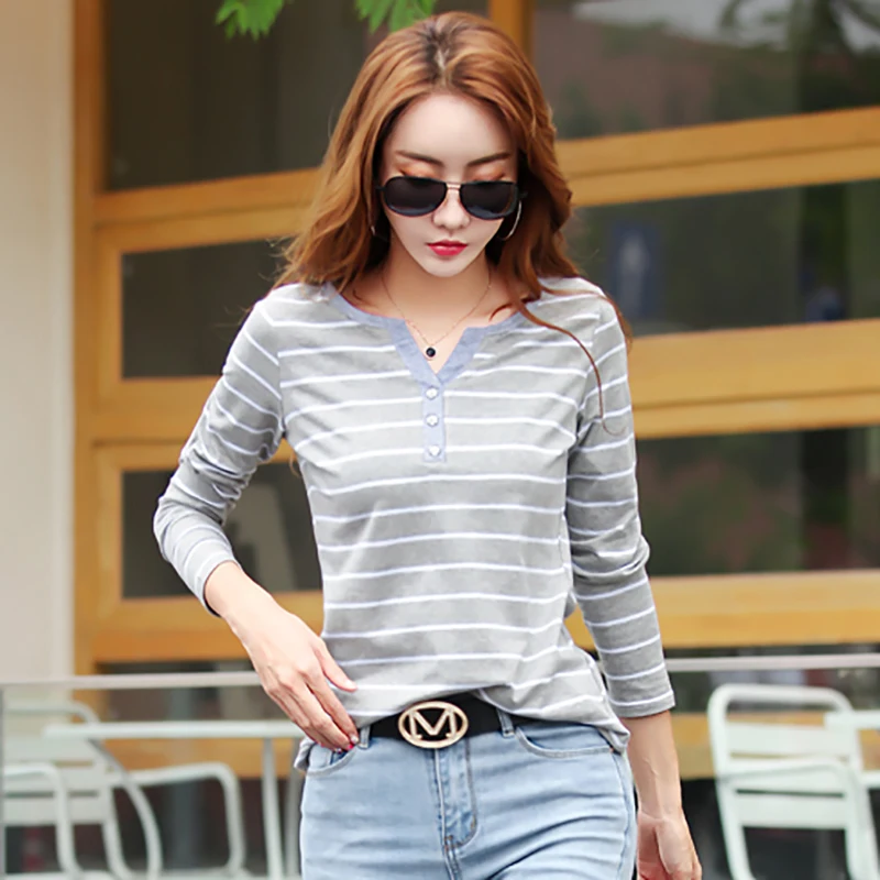 Женская хлопковая футболка в полоску с длинным рукавом и пуговицами | одежда