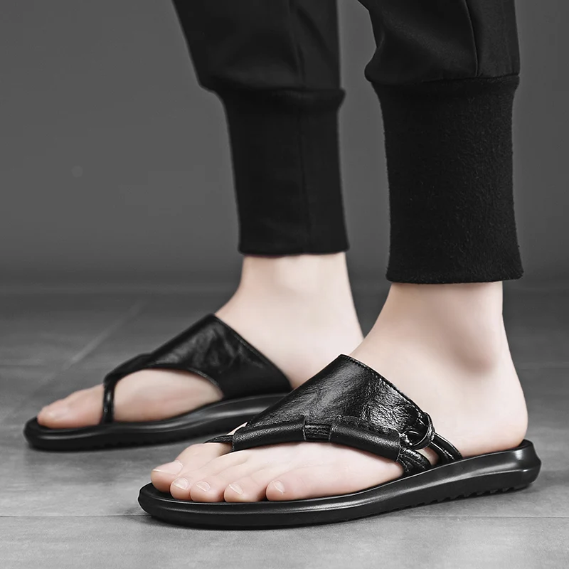 Мужские сандалии мягкие повседневные слиперы из натуральной кожи Летние удобные