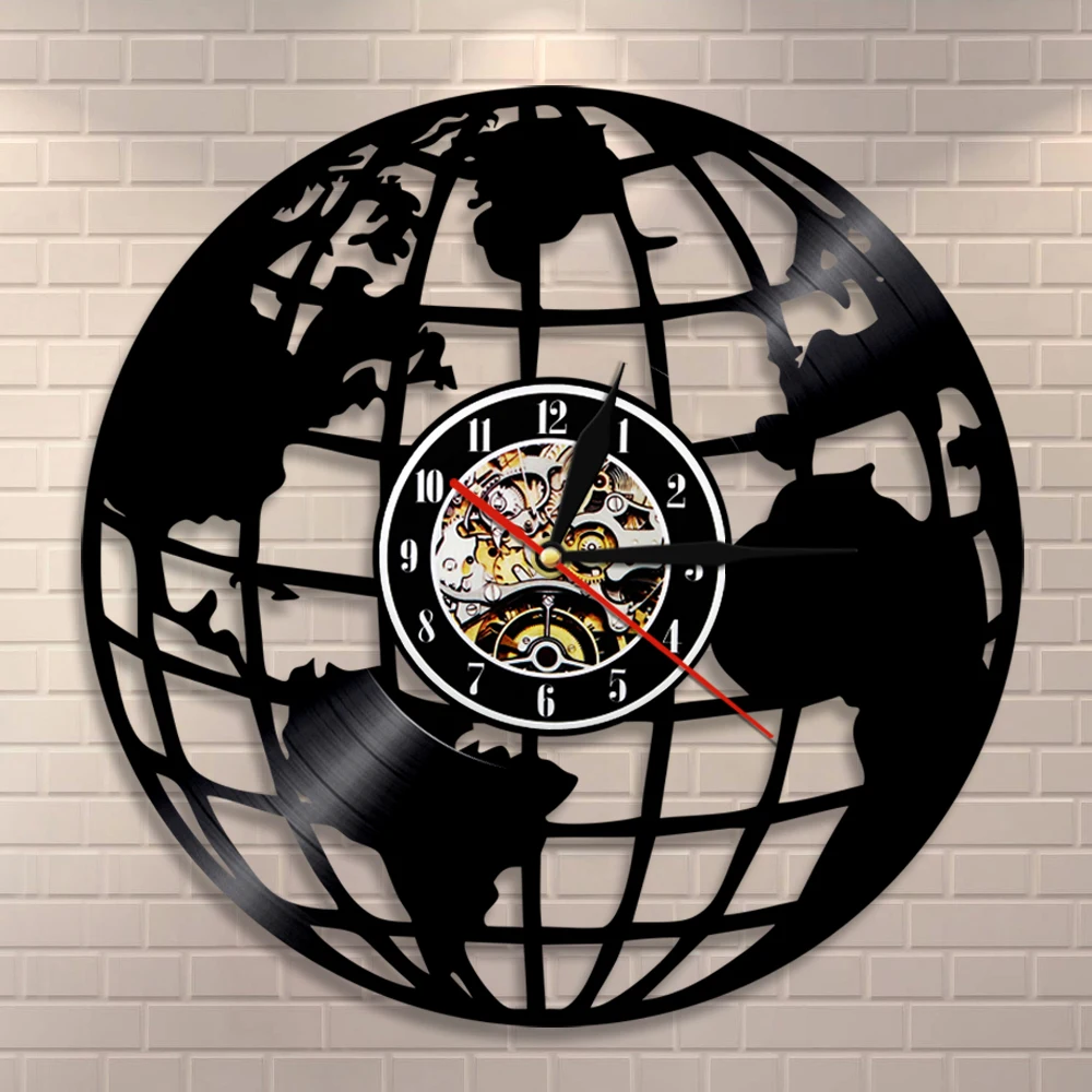 World Map Vinyl Record Wall Clock Globe Quiet Art Travel Around The Watch Modern Design Housewarming tourist Gift | Дом и сад
