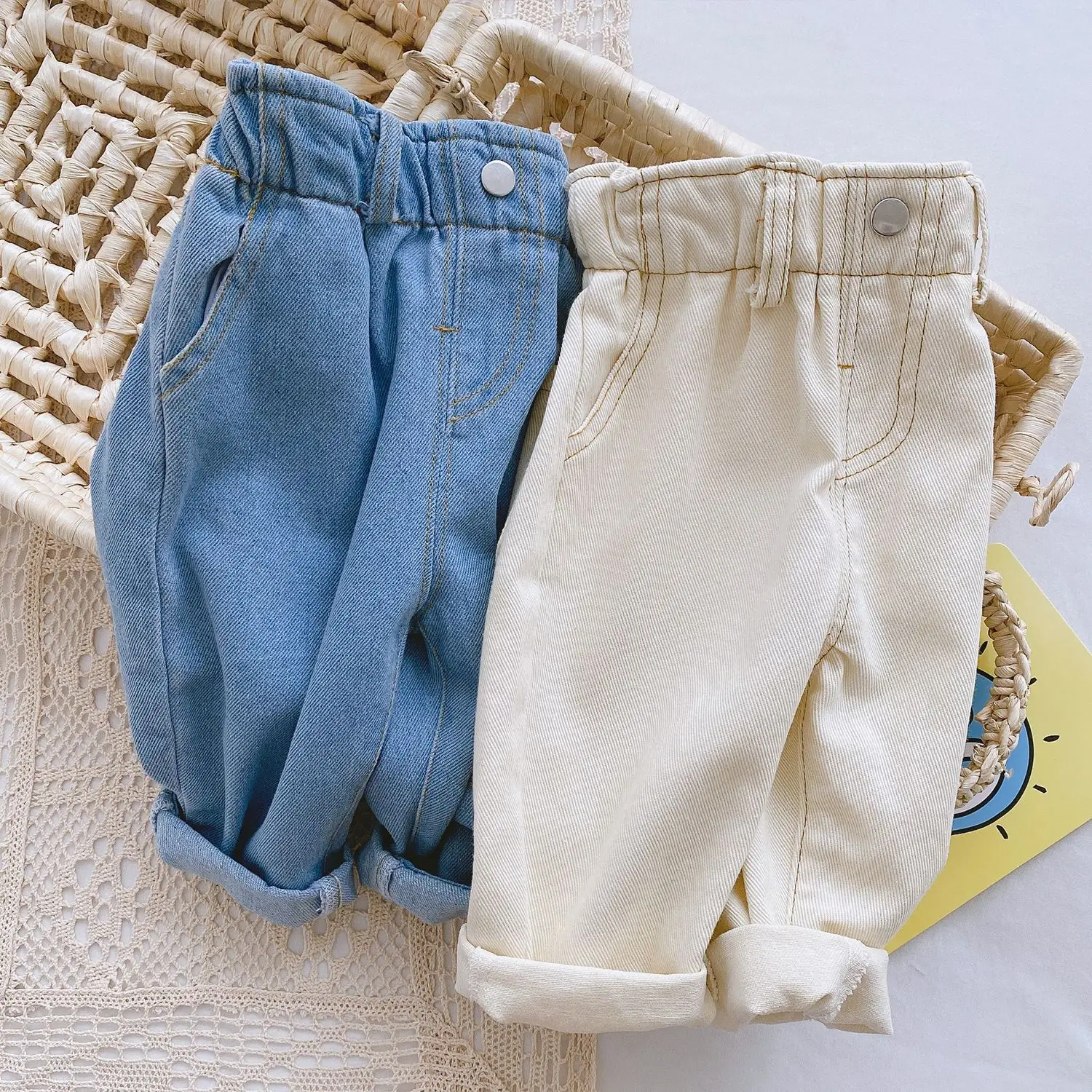 

HoneyCherry 0-3 Years Old Baby Soft Jeans Spring Boy And Girl Baby Solid Color Casual High Waist Pants Kids Pants