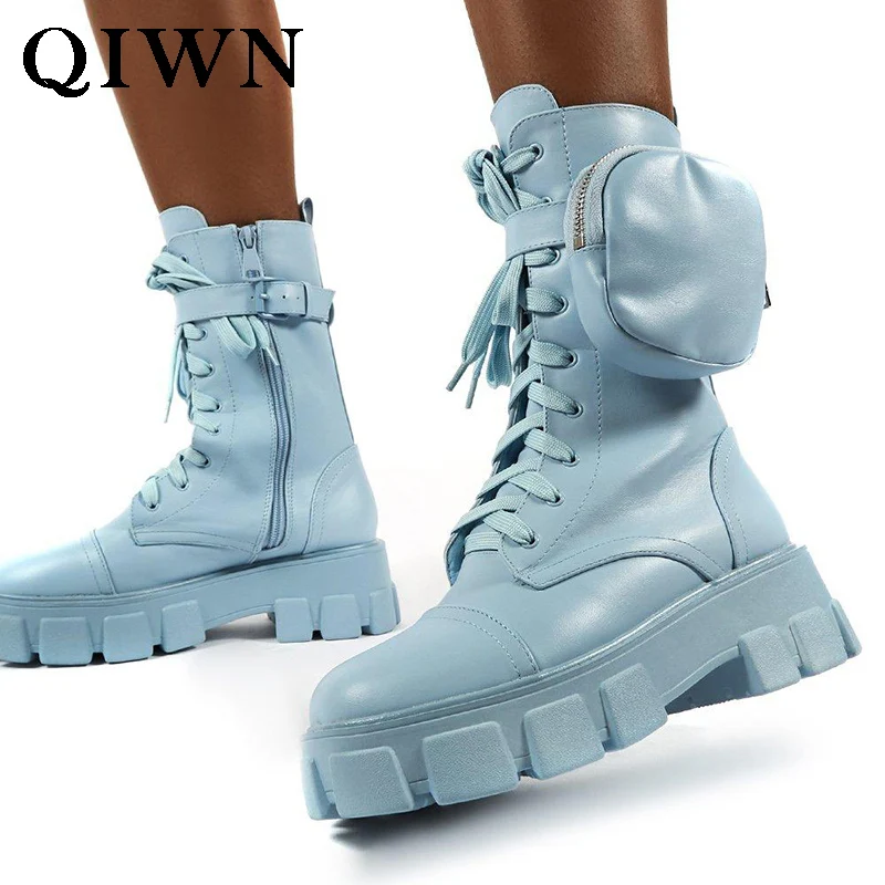 

Fashion Platform Ankle Boots Solid Color Ladies Round Toe Martin Shoes With Small Bags Womens Chunky Punk Lace-Up Boots Big Size