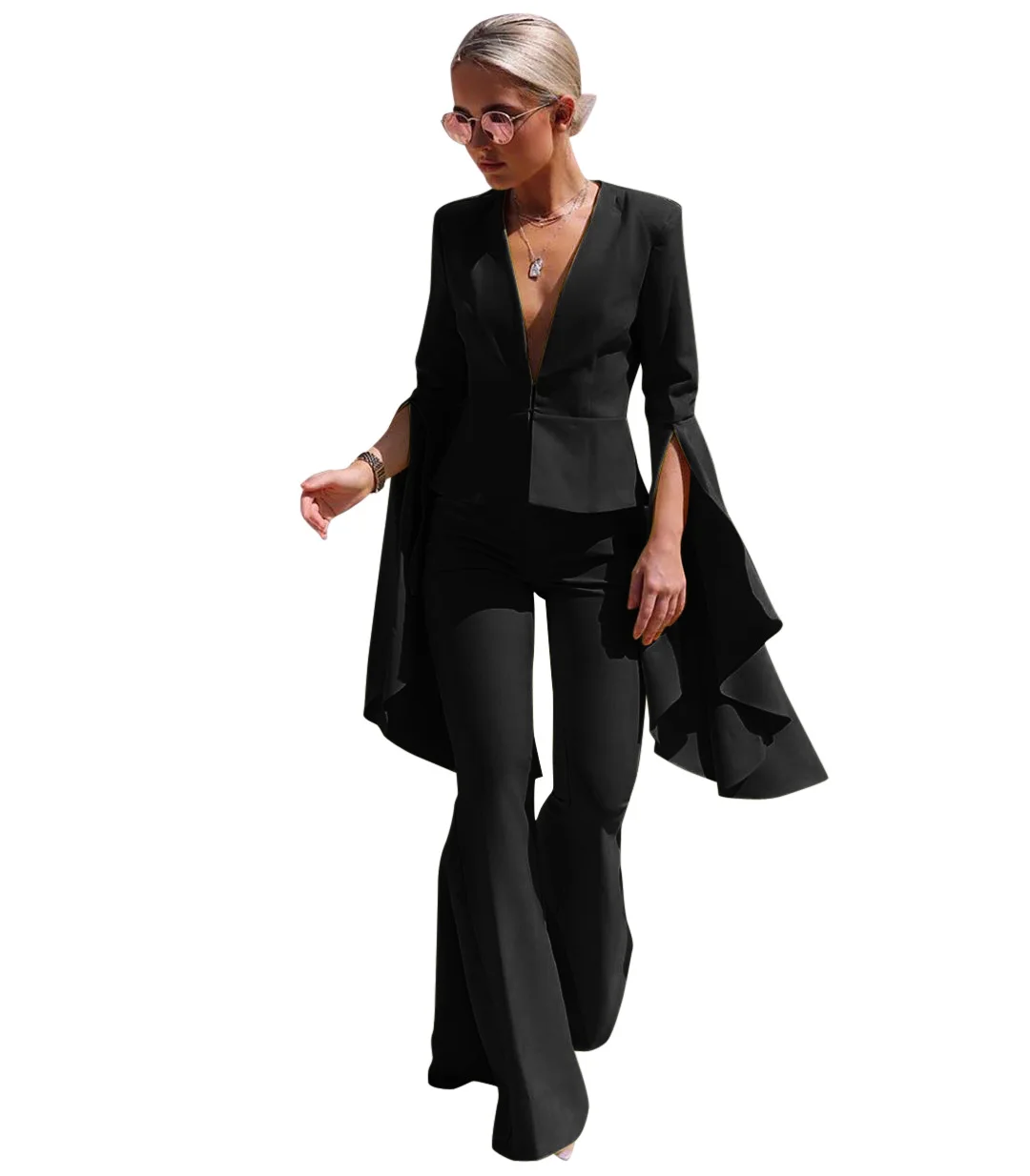 

European and American new style high-quality women's explosive style lapel fashion irregular big swing sleeves bell bottom suit