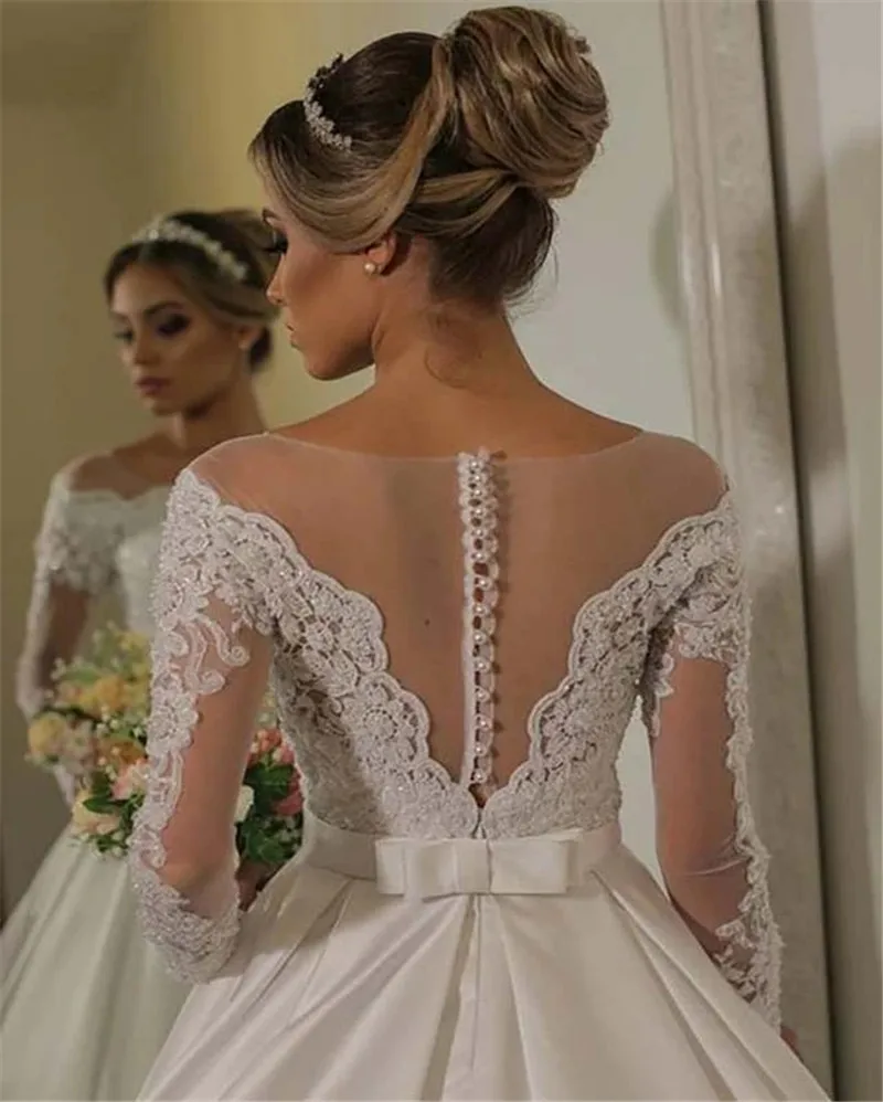 

Hot Sale Vestidos De Noiva Satin Wedding Dresses Long Sleeve Appliques Pearls 2021 Bridal Gowns Lace Robe de Mariage