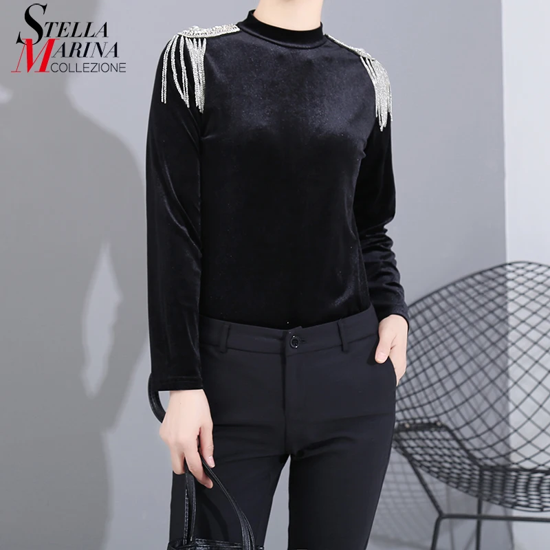 * Новая женская мода 2019 зимняя черная бархатная футболка Топ с длинным рукавом