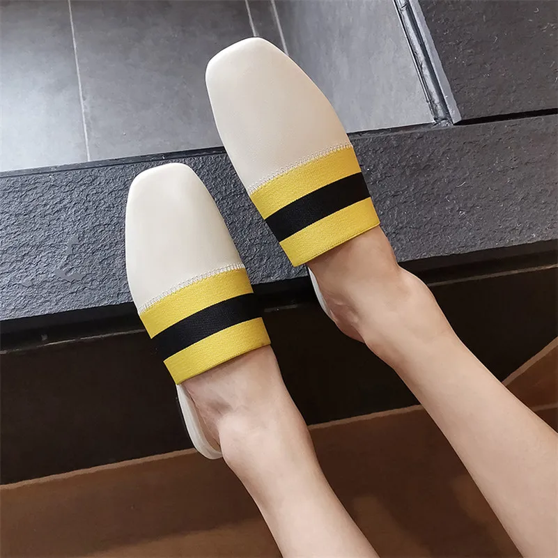 

Meotina Spring Flats Shoes Women Natural Genuine Leather Flat Mules Shoes Real Leather Mixed Colors Square Toe Shoes Lady 33-40