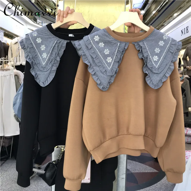 

2021 New Fall Women's Fashion Denim Ruffled Collar Loose Pullover Sweatershirt Women's Sweet Ruffles Embroidered Long Sleeve Top