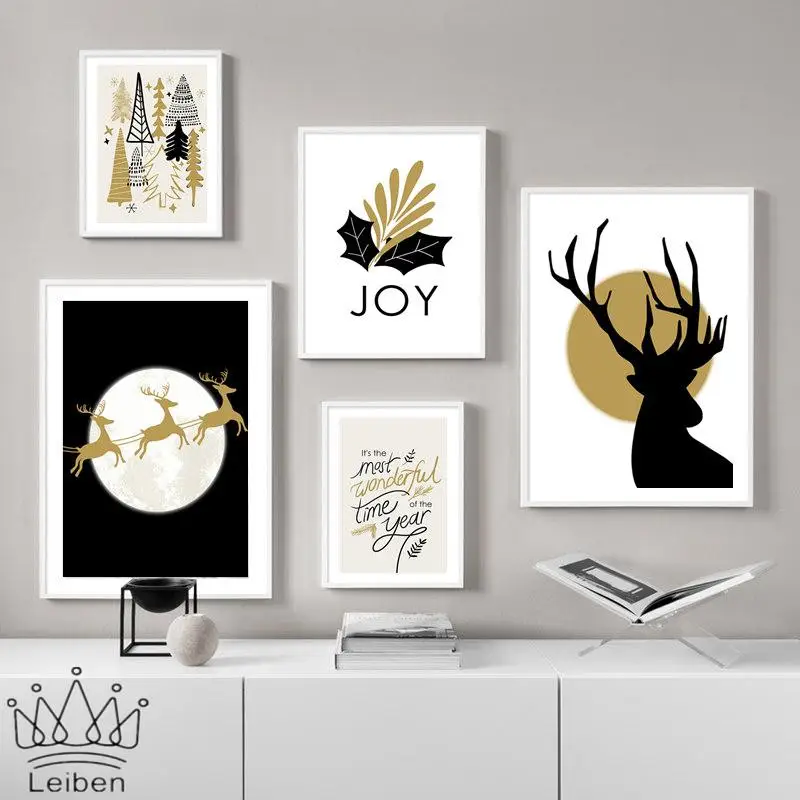 

Christmas Theme Cartoon Elk Joy Canvas Painting Nordic Black Gold Abstract Wall Art Poster Modern Picture Home Decor Living Room