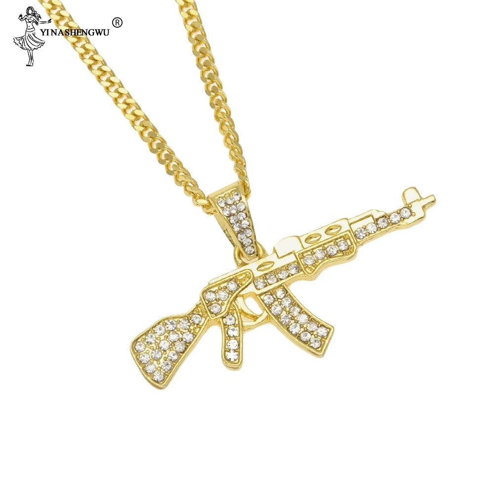 Fashion Punk Hip-Hop Gun Shape Pendant For Women Men Rapper Crystal Rhinestone Chain Necklace Creative Jewelry Colgante Hombre | Украшения