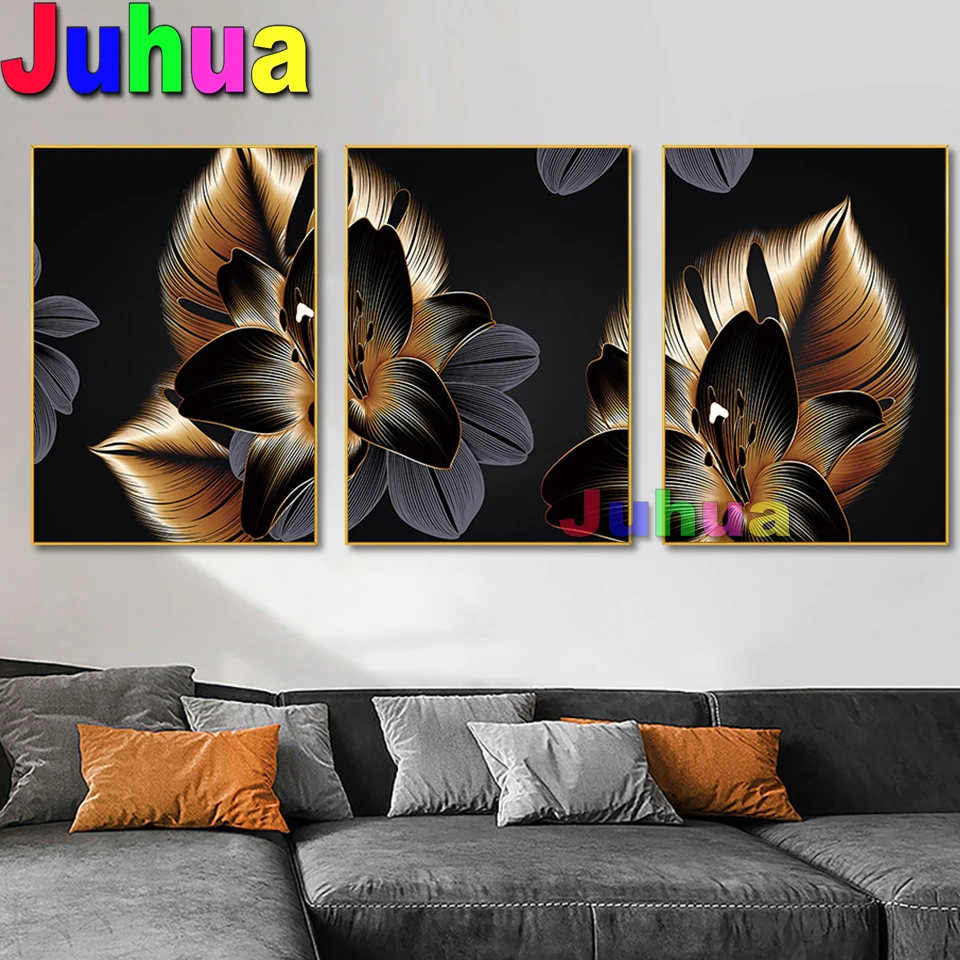 

3 piece diamond painting Full square Abstract Black and Gold Leaves diamond embroidery round of drill mosaic Flower Triptych