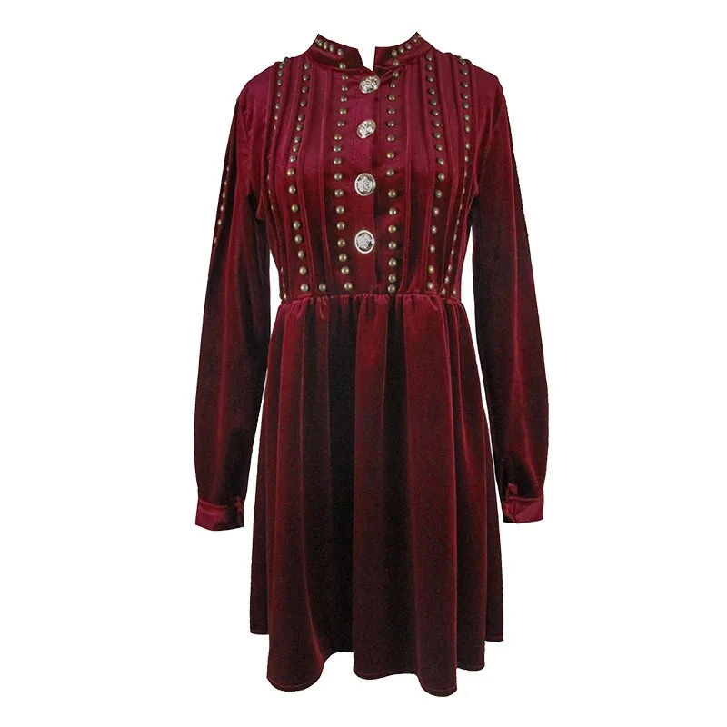 

2021 New Women Velvet Dress Vintage Court Style Rivet Buttons Party Dresses Stand Collar Long Sleeve Wine Red Sexy Mini Dress