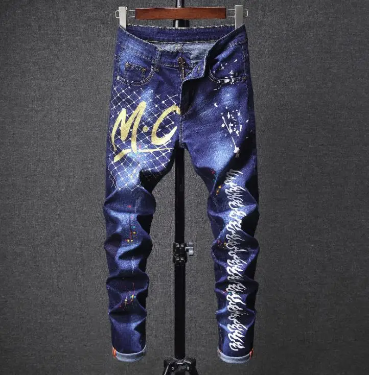 Мужские Модные джинсы с буквенным принтом мужские брюки скинни из денима цветным