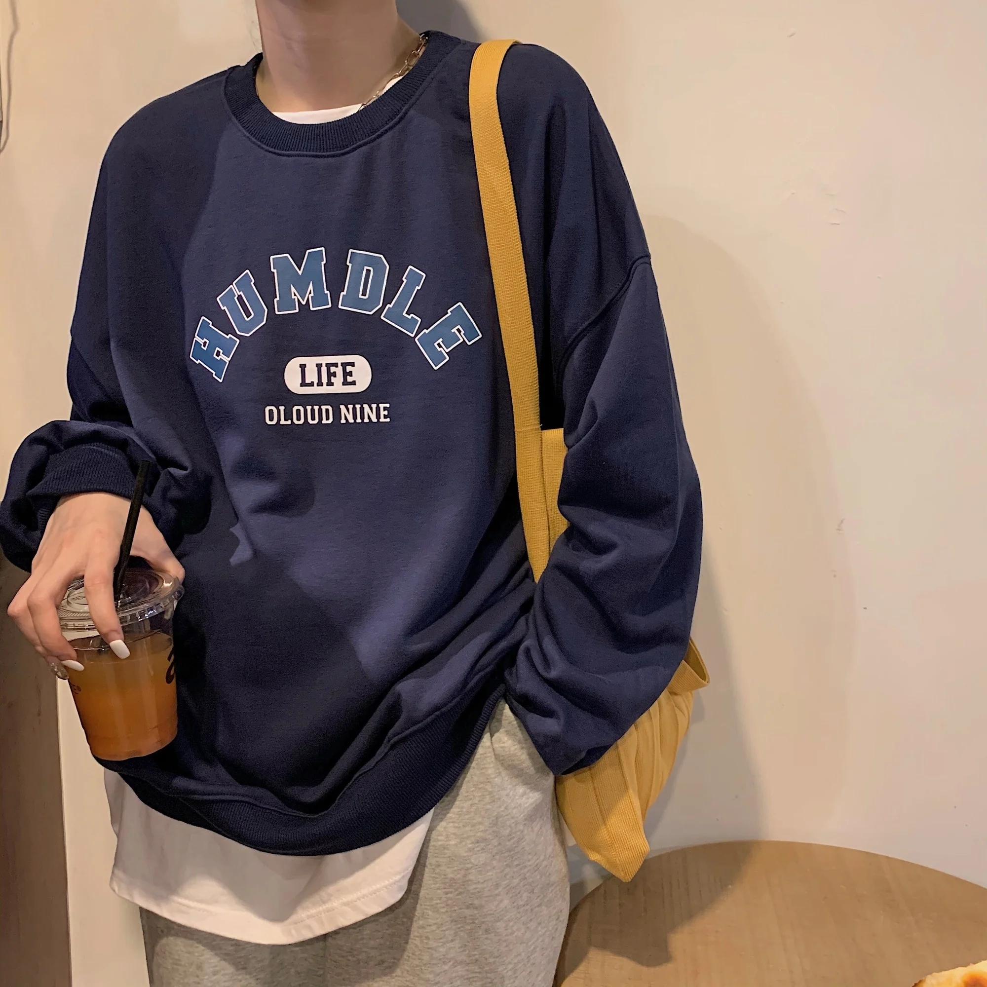 

Real Shot Korean Style Loose round Neck Letter Print Casual