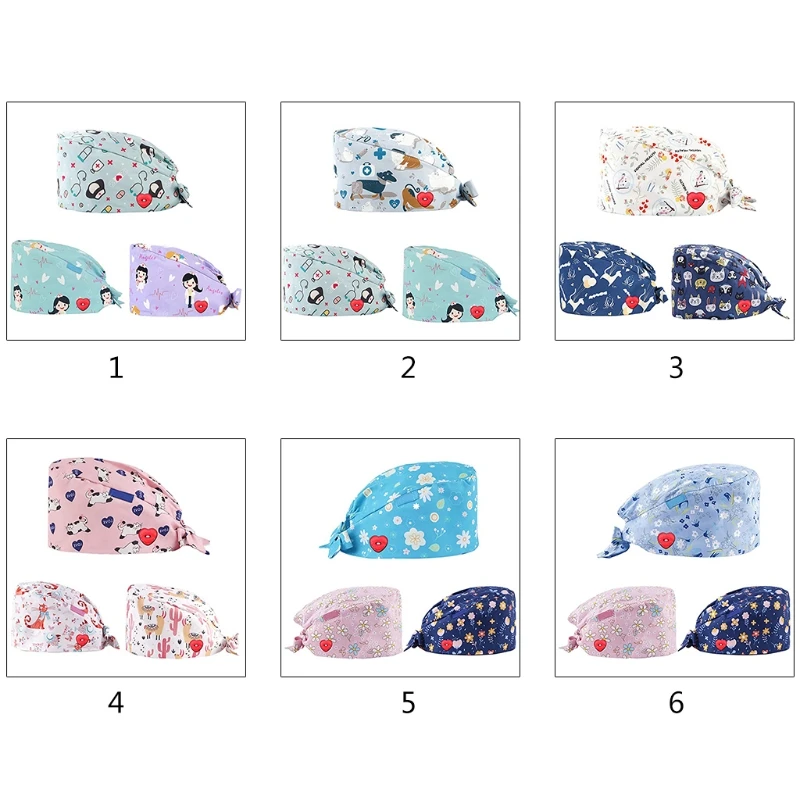 

3Pcs/Set Unisex Adjustable Working Cap with Heart Buttons Sweatband Multicolor Cartoon Animal Floral Print Dutproof Elastic