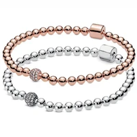 rose gold beads pave crystal sliding 925 sterling silver pan bracelet fit fine original bangle bead charm diy jewelry