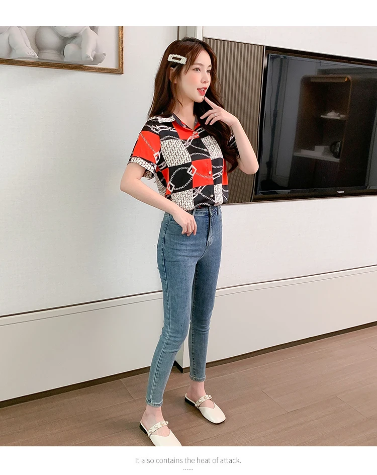 

Houthion Polo Collar Shirt New Short-sleeved Women's Blouse Fashion Korean Summer Chiffon Button 2021 Slim Tops Lady Shirts