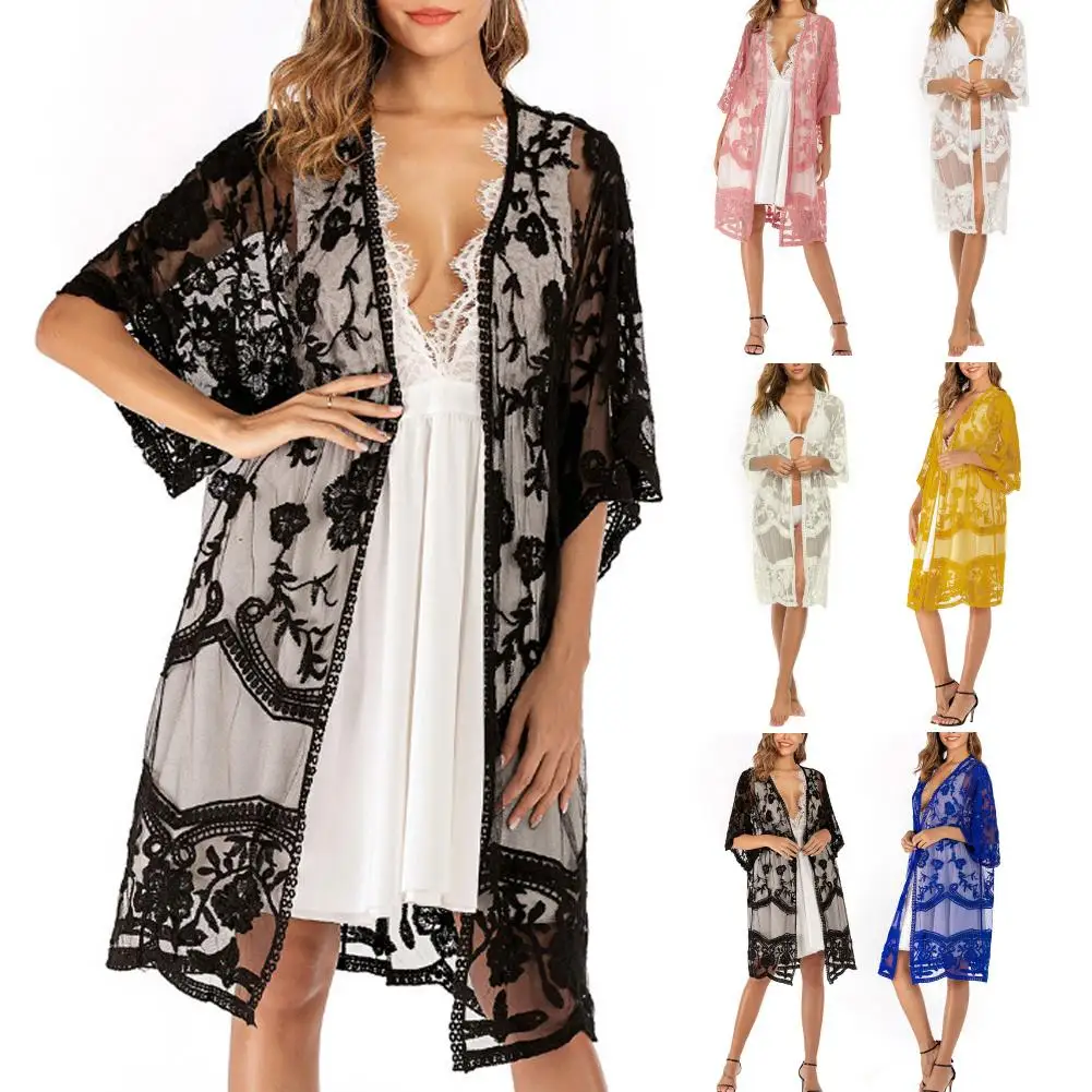 

Bohemian Women Lace Floral Crochet Sheer Bikini Cover Up Long Open Cardigan