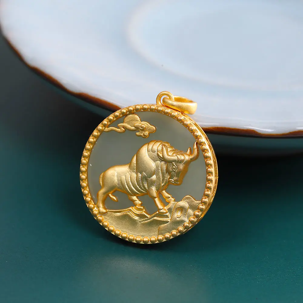 

S925 Sterling Silver Necklace Inlaid Natural Hotian Jade Pendanuckle round Brand