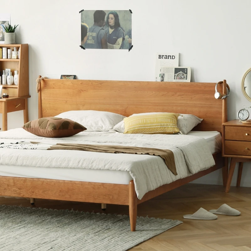 

Solid wood bed 1.8 meters 1.5 simple Japanese log color white oak cherry wood single and double Nordic bed