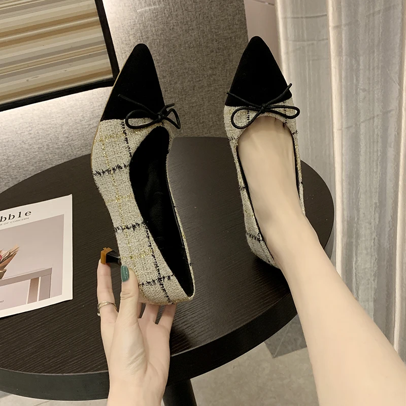 

Fashion New Pumps Women High Heel Lattice Stitching Frosted Leather Pointed Wild Office Female Leisure Women's Shoes W37-35