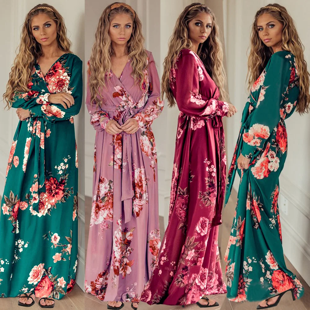 

Autumn Winter Floral Print Long Sleeve Knitted Floor-Length Dress For Women Sexy V Neck Plus Size High Waist Long Dresses Robe