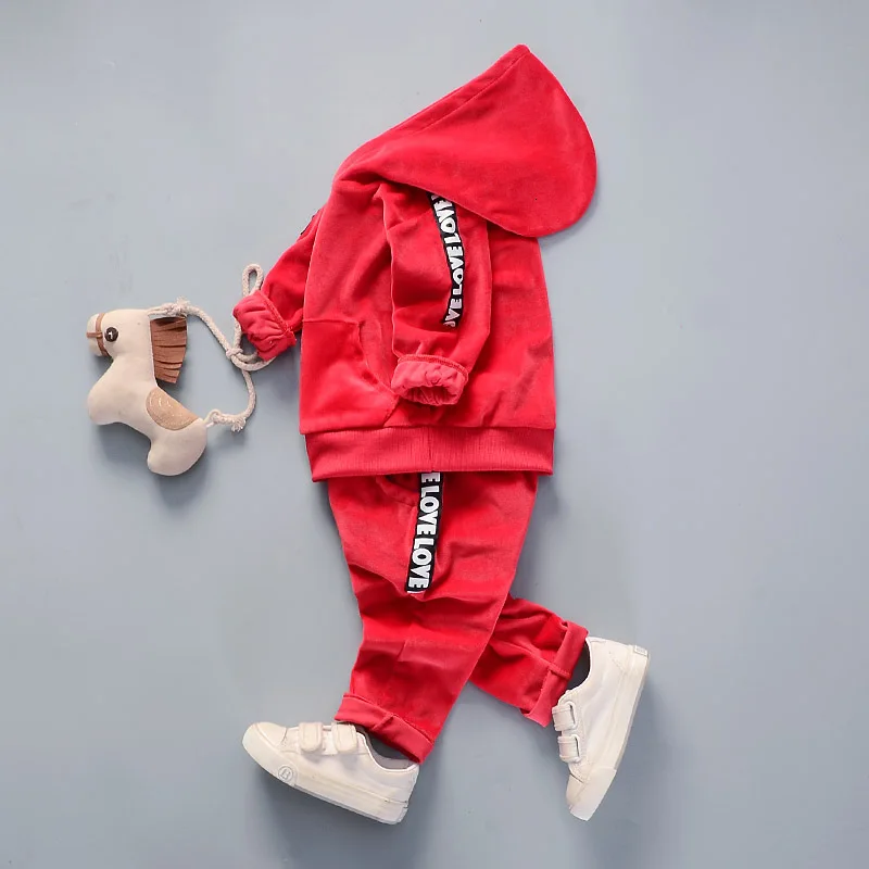 Children Gold Velvet Clothes Spring Autumn Baby Boy Girl Hooded Sweatshirt Pants 2pcs/set Infant Outfit Kids Casual Tracksuits | Детская