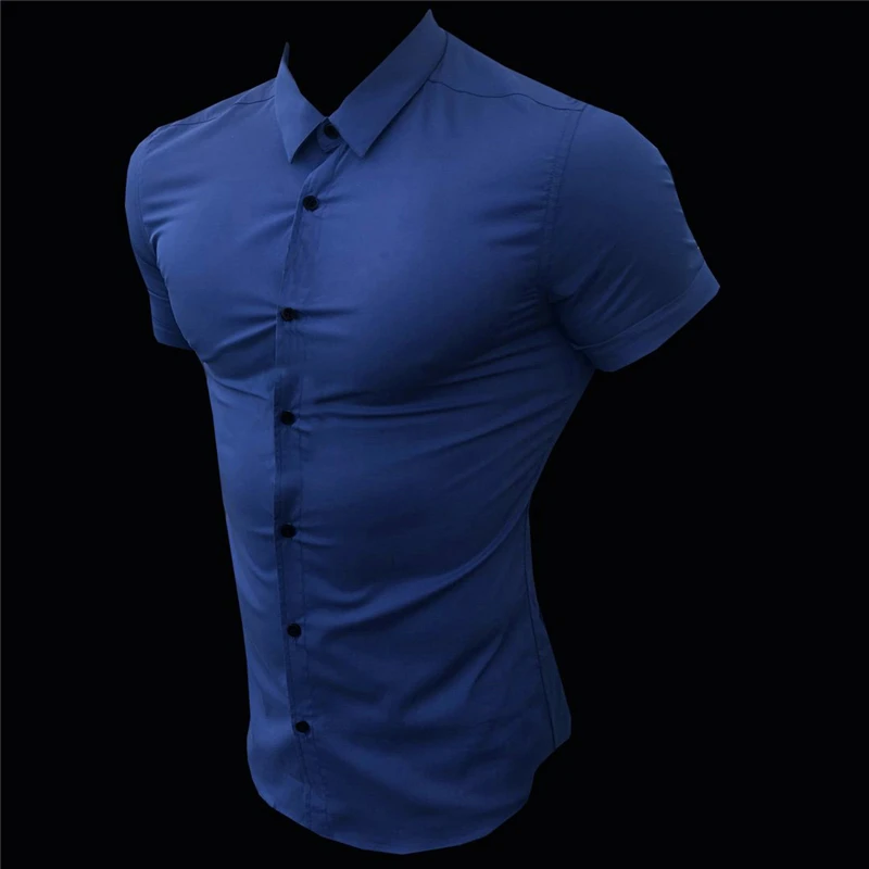 

Men Fashion Casual Short Sleeve Solid Shirt Super Slim Fit Male Social Business Dress Shirt Brand Men Fitness Sports Clothing