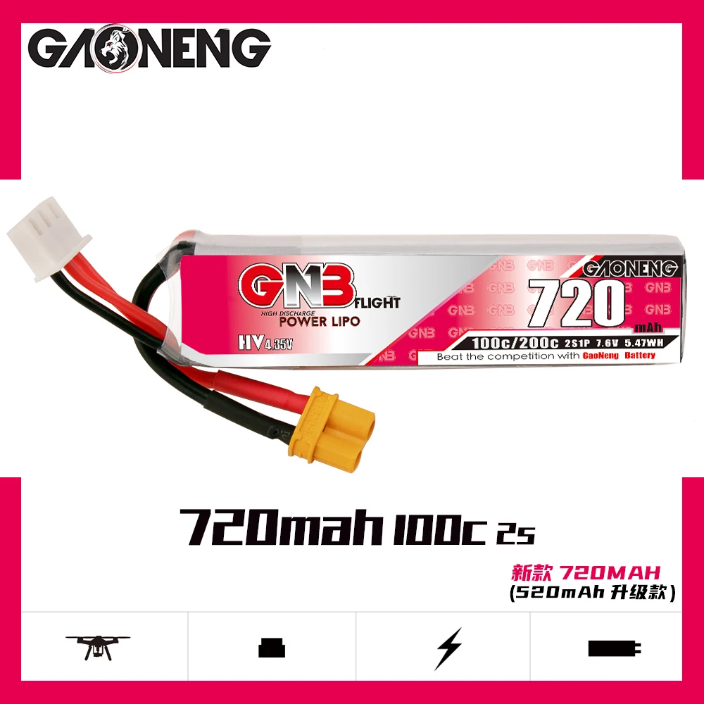 

GAONENG GNB 720mAh 2S1P 7.6V 100C HV Lipo Battery With XT30 Plug For Happymodel FPV Racing Cine Whoop BetaFPV Drone RC Parts