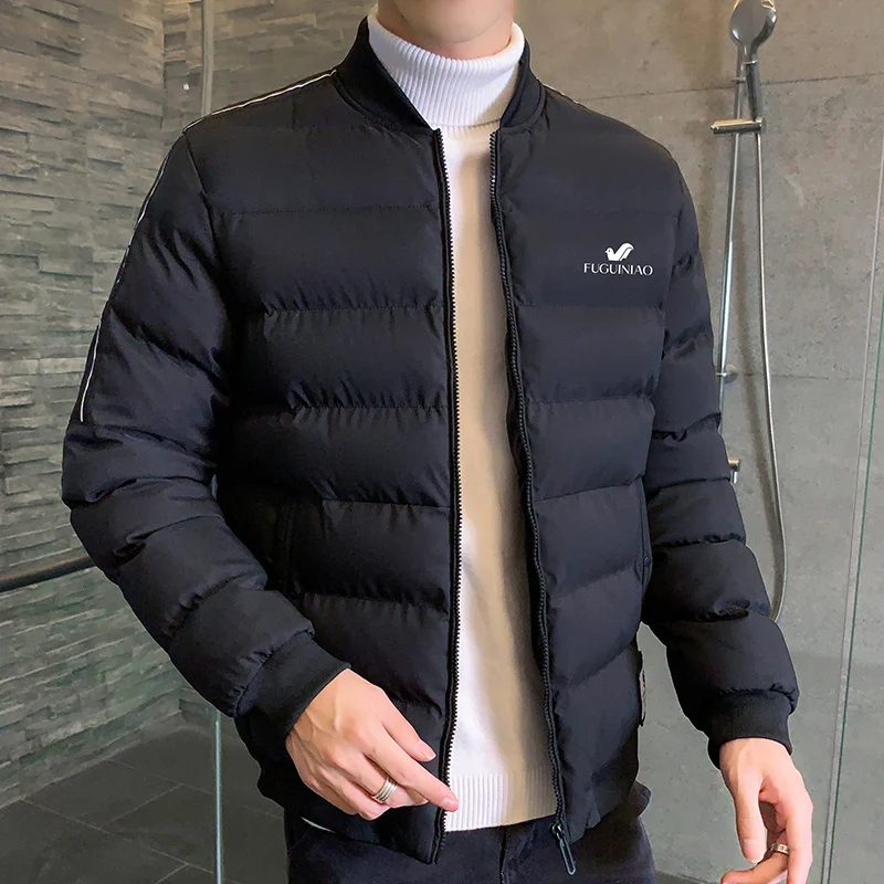 Down jacket brand stand collar casual side sewn pocket zipper in solid color winter cotton padded coats for men