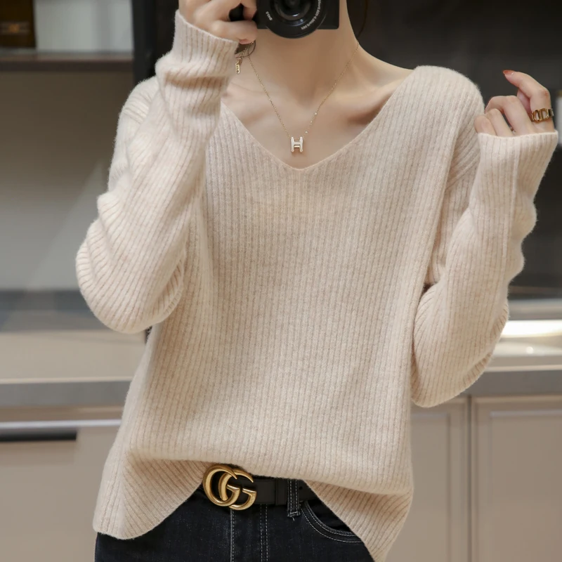 

Кашемировый свитер/женский свободный свитер из 100% чистой шерсти с двойным V-образным вырезом/новый вязаный сексуальный модный свитер на вес...