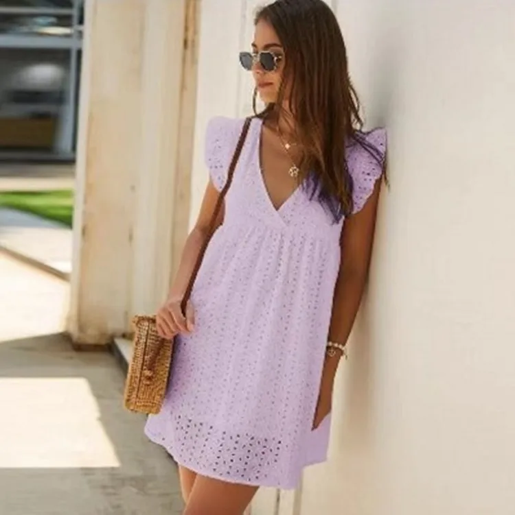 

Summer 2021 Ladies Casual Loose Dress Sexy Deep V Ruffle Short Sleeve Lace Dress Slim Lace Back Holiday Dress