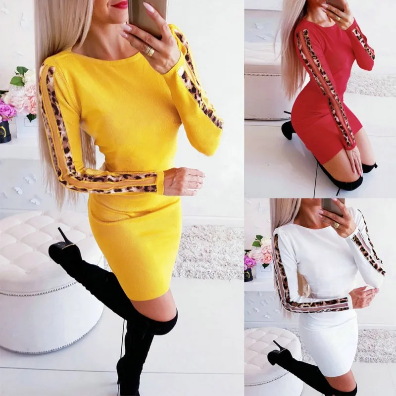 

Women Dress Winter Dress Round Neck Slim Dress Long Sleeve Dress Color Matching Tights Bag Hip Sexy Club Party Dress