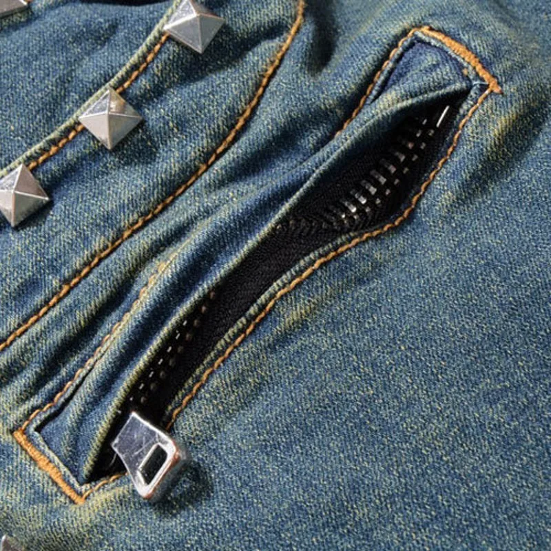 

Vintage Washed Mens Biker Jeans Punk Style Studded Slim Fit Pleated Pencil Pants Rivet Motorcycle Denim Pants Big Size Trousers