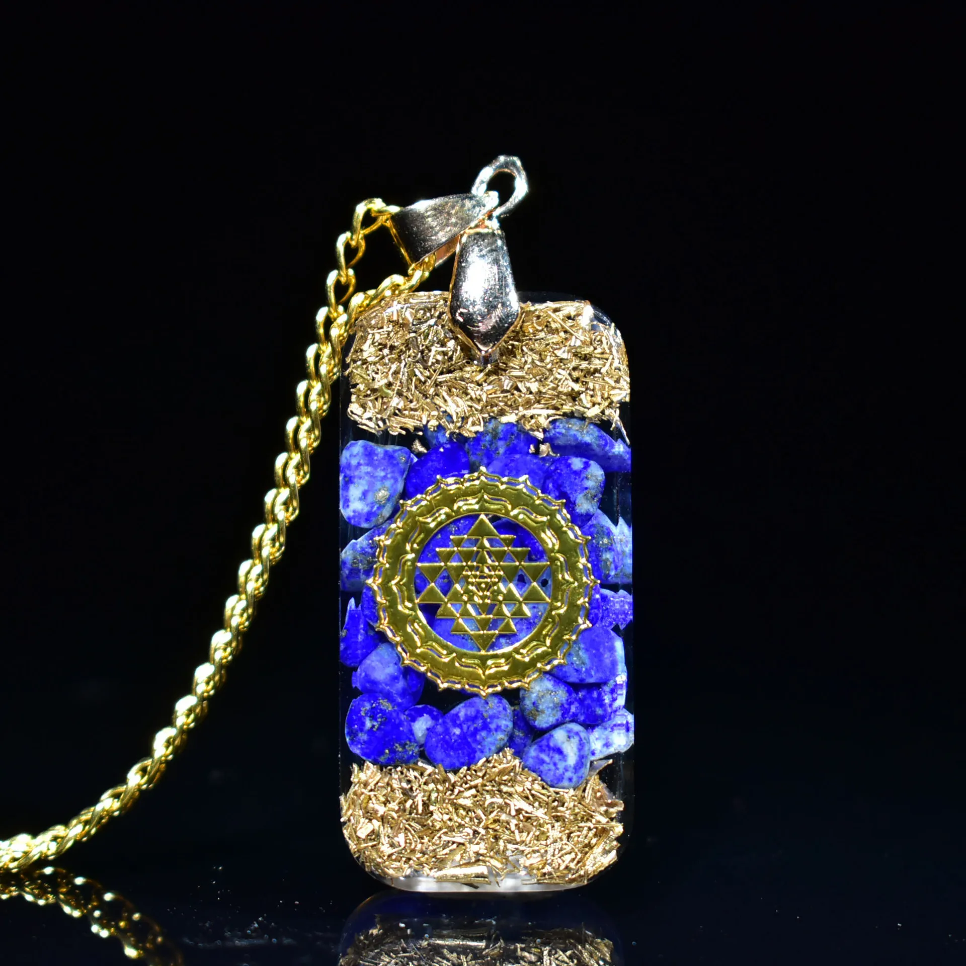 

Healing Lapis Lazuli Sri Yantra Orgone Pendant Necklace Metatron Cube Orgonite Energy 7 Chakras Reiki Metal EMF Crystal Jewelry