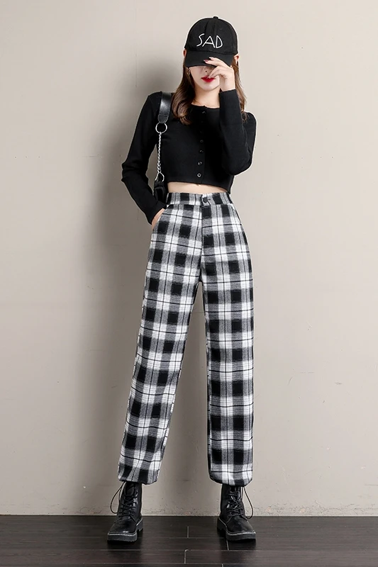 

Korean Style Fashion Women Spring Autumn Plaid Wide Leg Pants Casual Loose High Waist Ankle-length Pants Plus Size 3xl