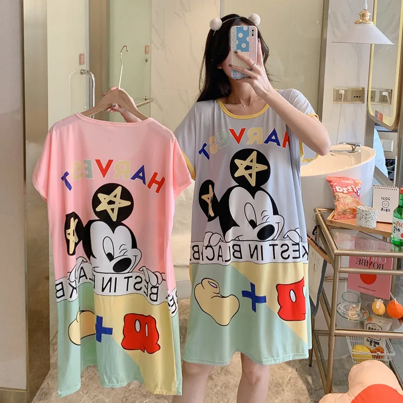 

Disney Cartoon Mickey Mouse Print Night Dress New Women Nightgown Loose Short Sleeve Pajamas Cute Girlfrend Casual Home Pajamas