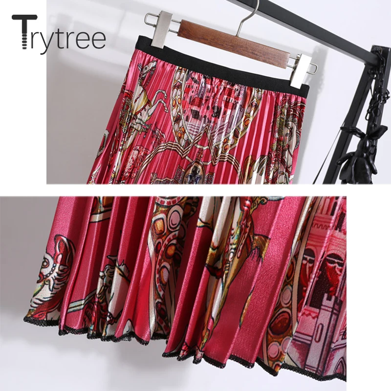 Trytree 2019 осенне зимняя женская повседневная юбка с принтом красная плиссированная