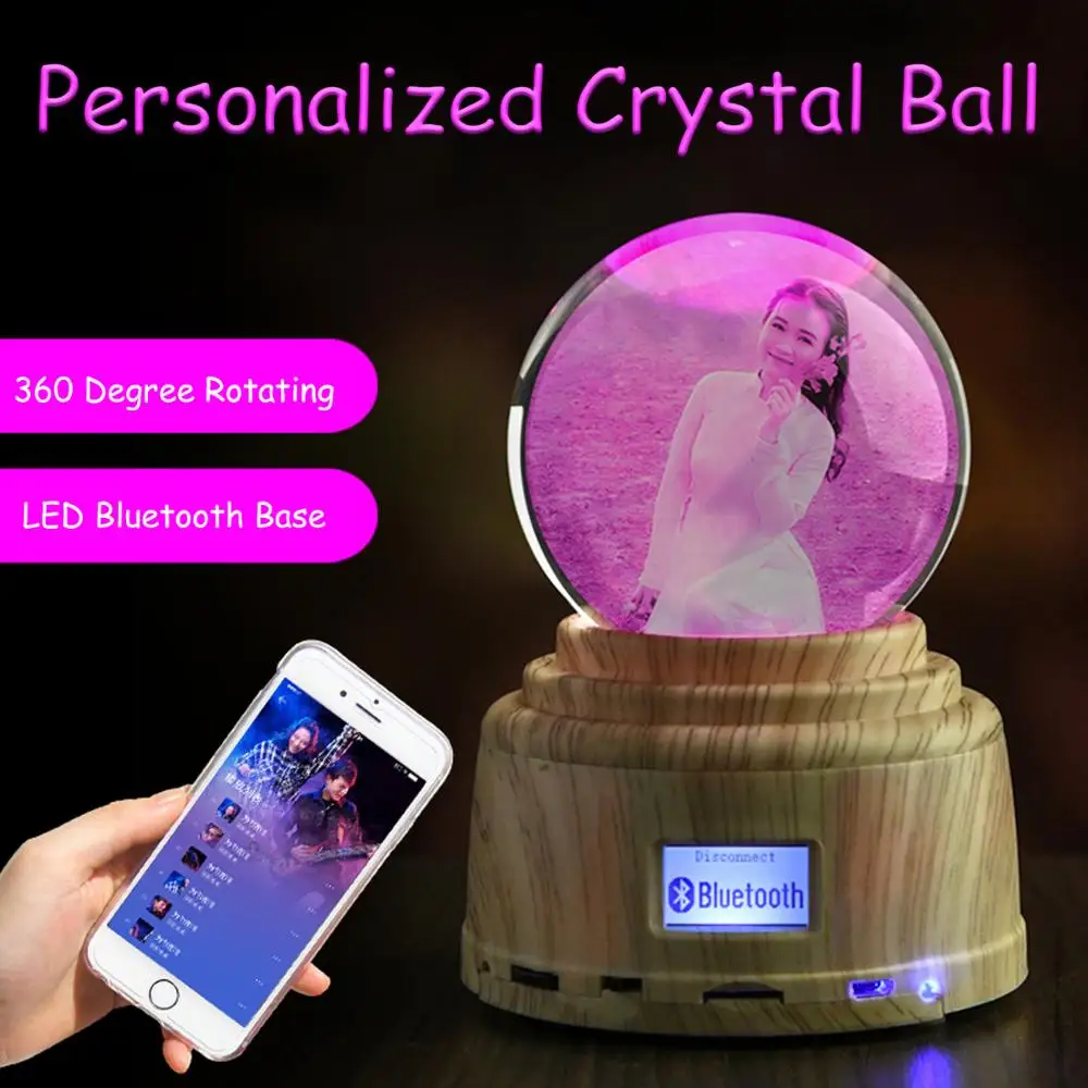 Personalized Photo Crystal Ball Custom Engraving Picture with  Bluethooth Music Led  Base Rotating Display RGB Remote Control