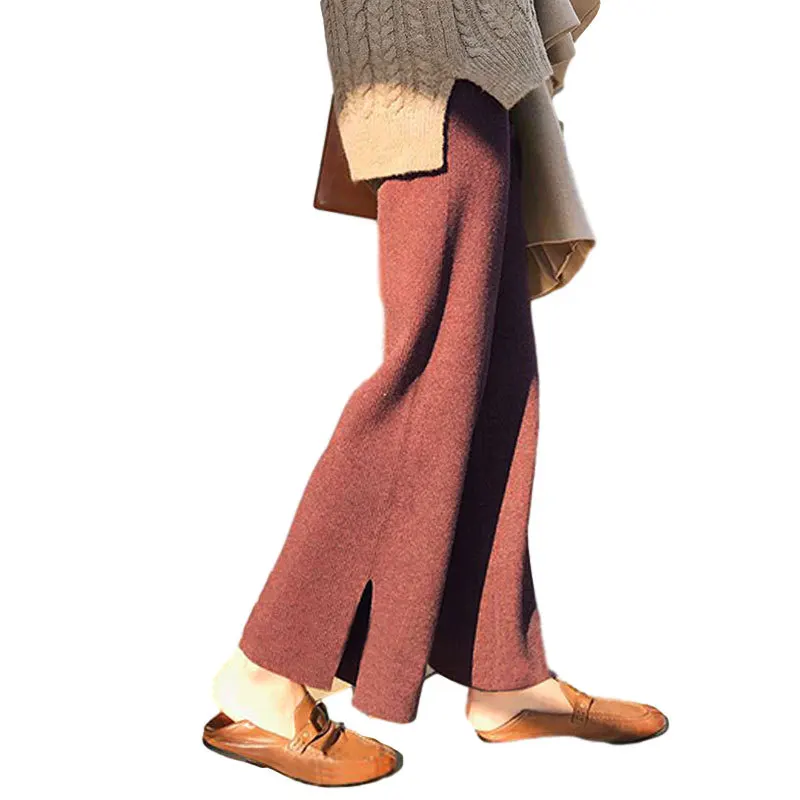 

fall winter 2020 Straight Split Solid Knitted Wide Leg Pants Women Loose Home Style Pants Lady Casual Office Trousers