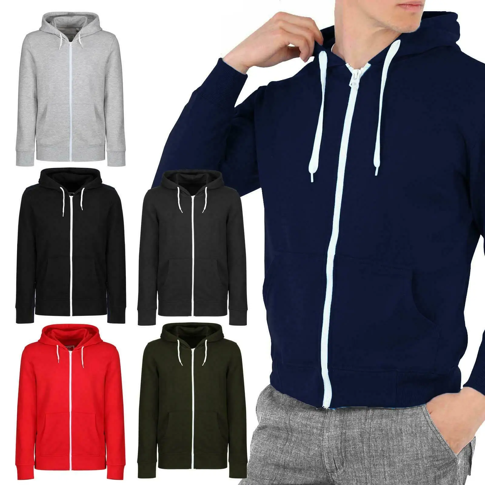 

New Mens Plain Coloured Zip Up Hoodie Hooded Jacket Warm Sweatshirt Xmas Tops
