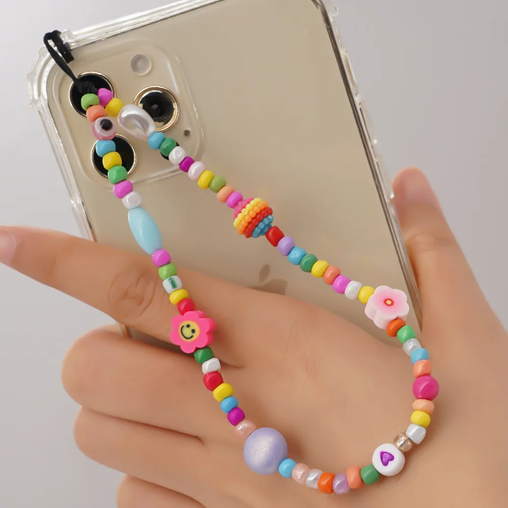 

Colorful Acrylic Bead Phone Strap Lanyard Soft Pottery Cartoon Phone Chain for Women Cellphone Case Hanging Cord Strap Chains