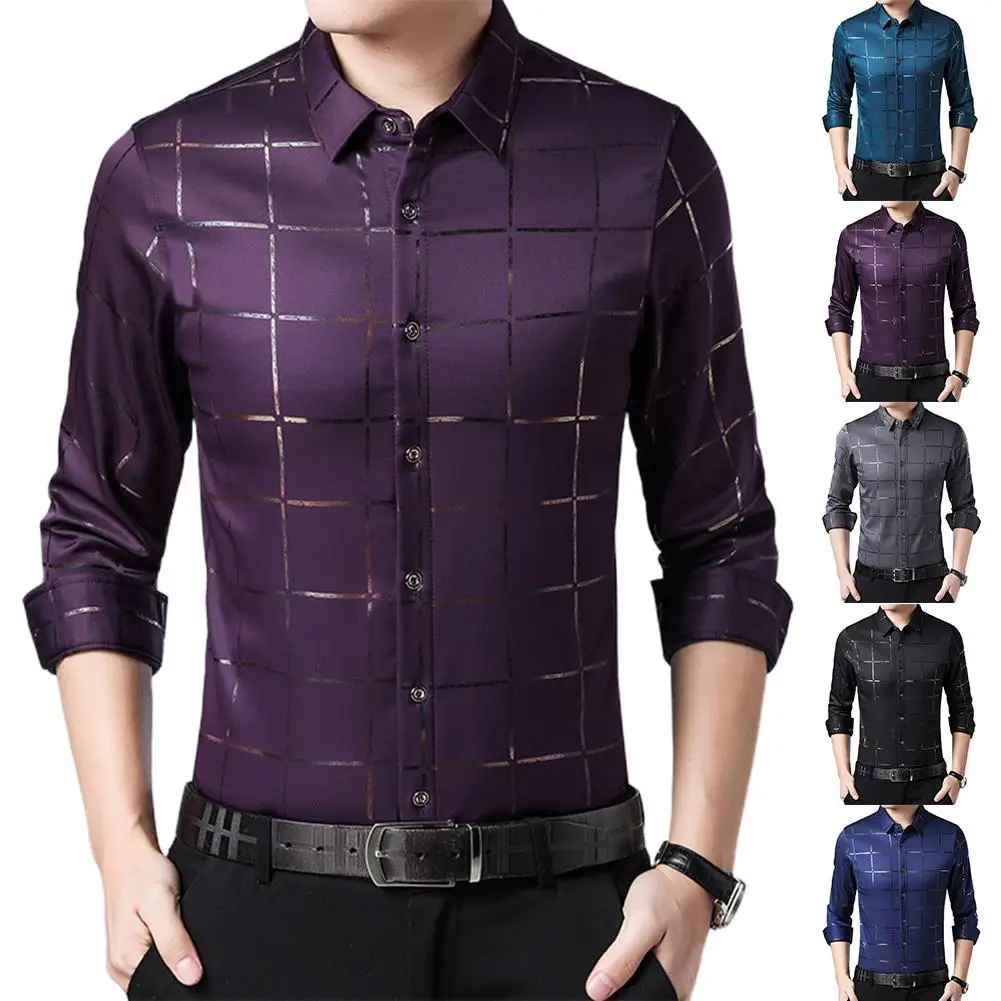 Plus Size Men Casual Long Sleeve Turn Down Collar Checks Button Slim Shirt men shirt for men fashion clothing