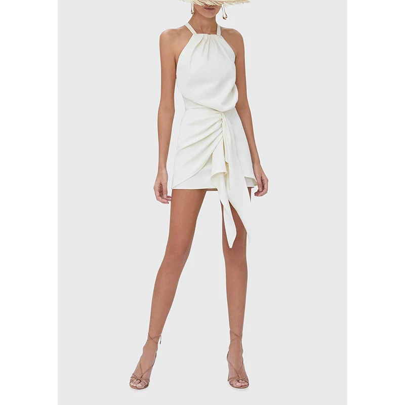 

2021 Sleeveless Sexy Halter Pleated Backless White Women Party Dress Elegant Ladies Casual Bodycon Mini Evening Vestidos BD2107