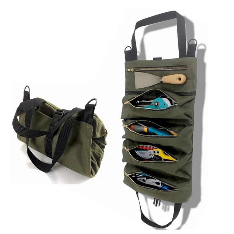 

PENGGONG Tool Roll Up Bag Zippered Bag 5 Pockets Canvas Tool Organizer Portable Tool Roll-Up Pouch Tool Bag Workbag