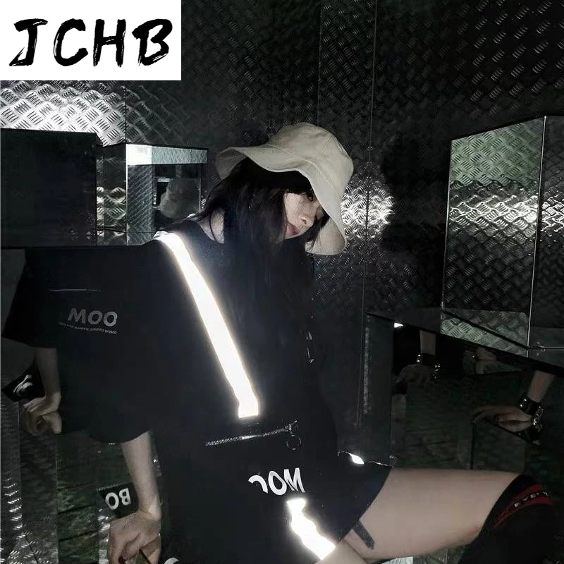 

2021 New Cotton Short-sleeved Loose T-shirt Korean Style Student Reflective Summer Hip-hop Bf Lover Suit Five-point Sleeve Shirt