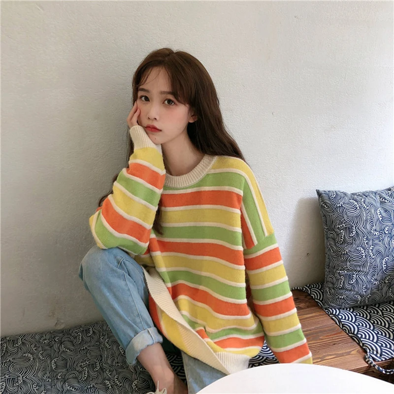 

sweet style long sleeve oversize o-neck Multicolor striped Korean Women's Clothing new autumn ulzzang pullovers knitted Sweaters