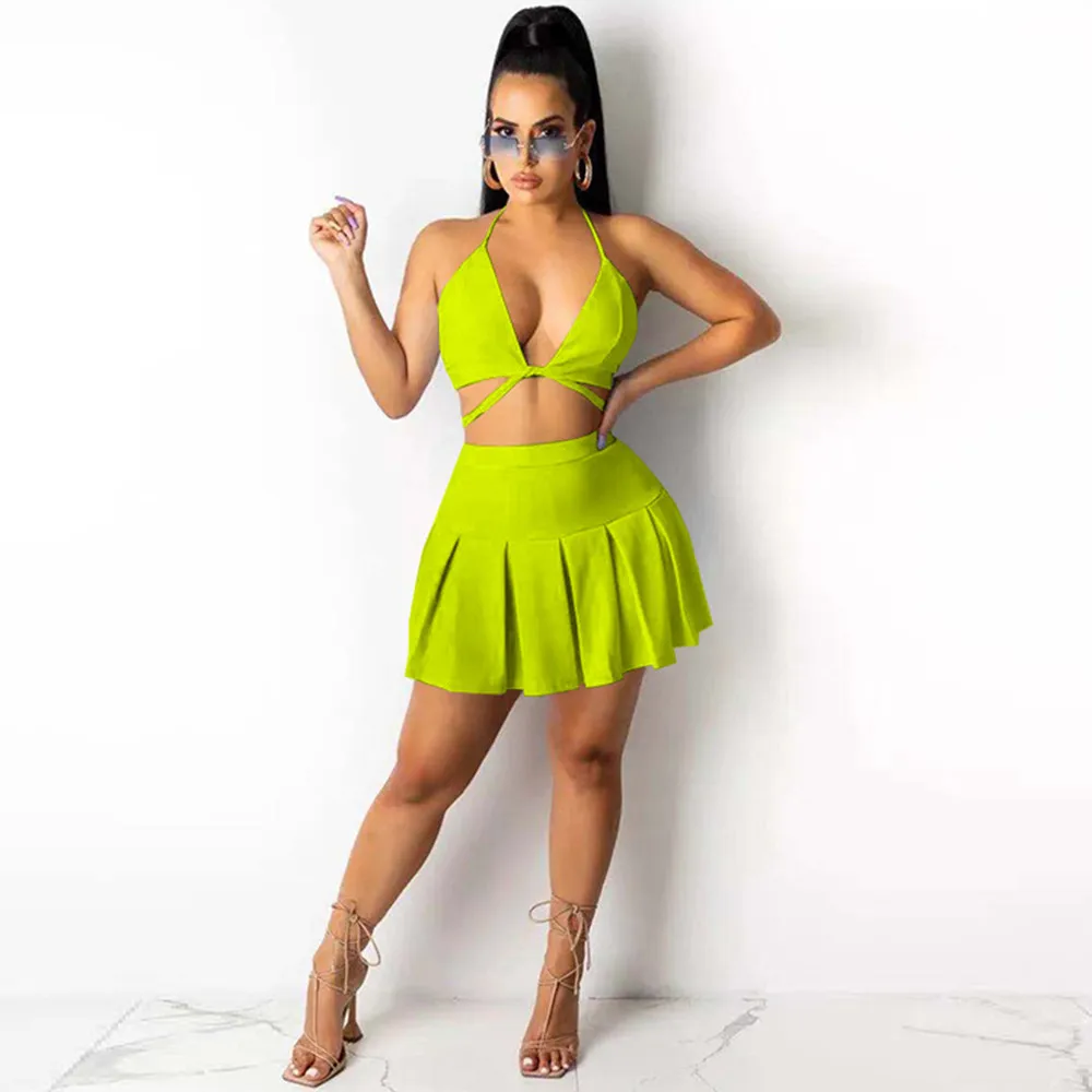 

Summer Beachwear Two Piece Dress Set 2021 Women Sexy Backless Bra Top+high Waist Pleated Mini Skirt Birthday Party Club Outfit