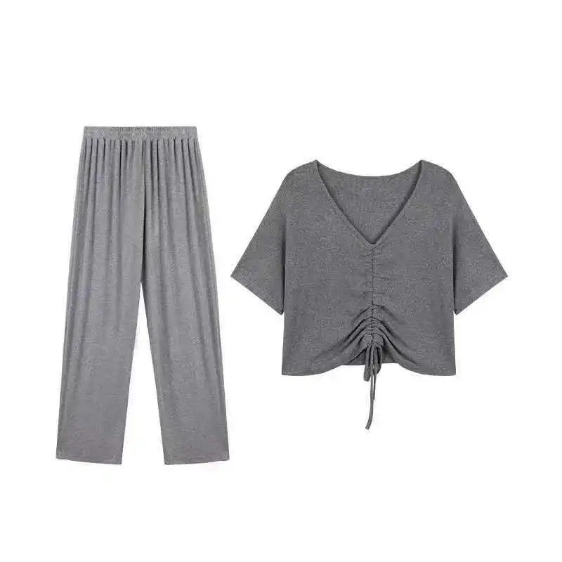 

Fashionable Comfortable Drawstring Suit Women's 2021 Summer New Wide-Leg Pants Home Service Loose Ice Silk Soft Soft Casual Suit