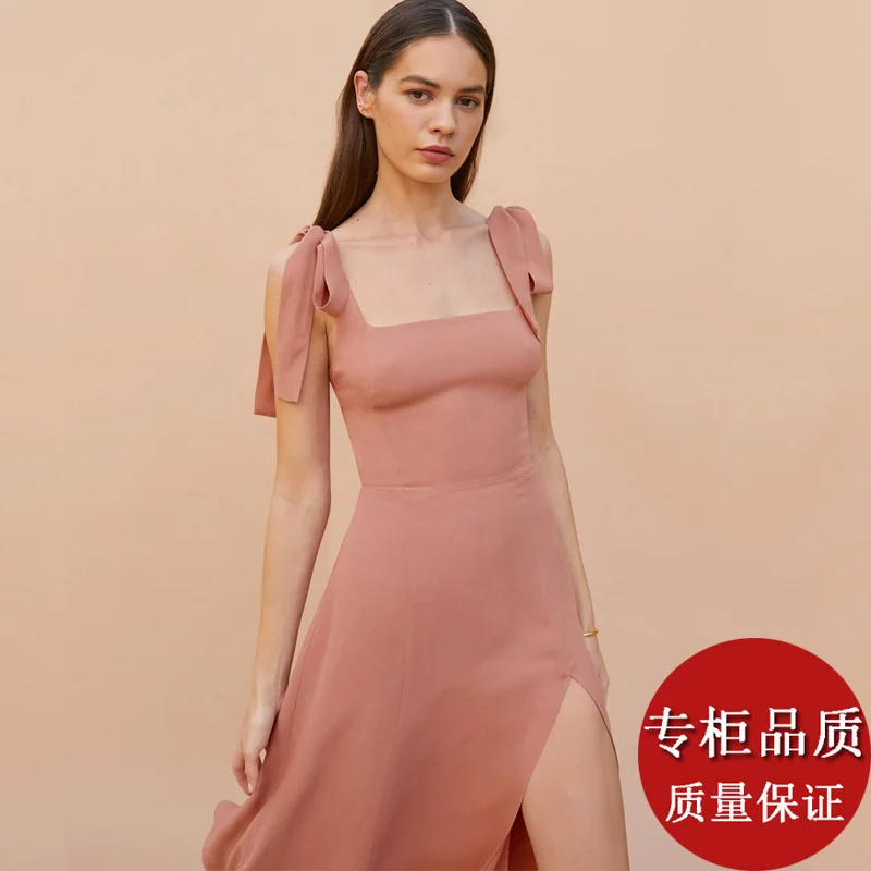 

Gentle Fairy Pink White Slim-fit Bow Tie Dress with Waist Slit