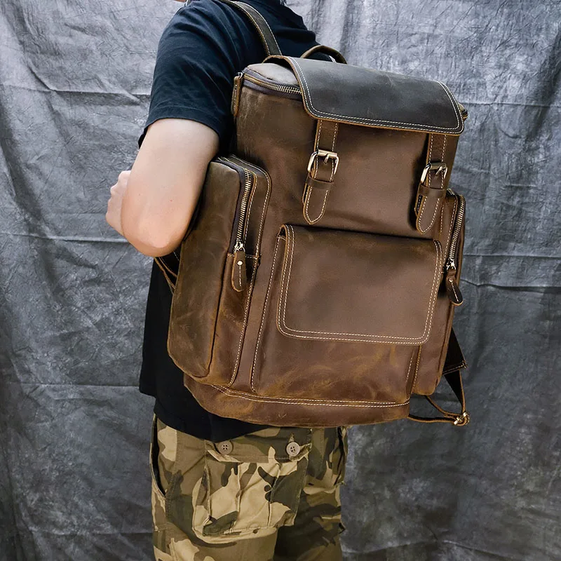 2020 Genuine leather backpack men big capacity fit 15.6 inch laptop travel backpack Cowhide School Bag Travel Rucksack Male Bag